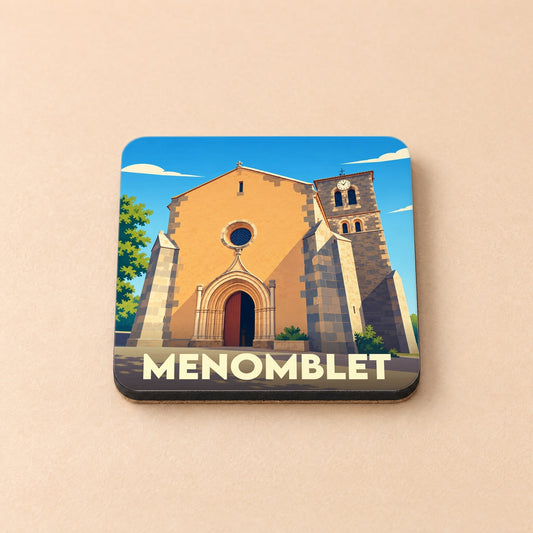 Dessous de verre souvenir de la ville de Menomblet avec une illustration stylisée de son église.