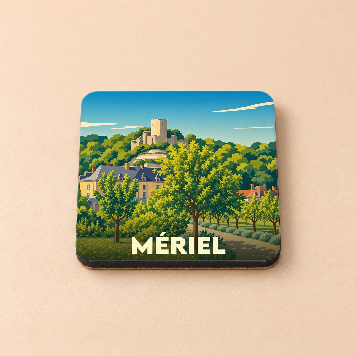 Dessous de verre souvenir de la ville de Mériel avec une illustration stylisée d'un château et de jardins.