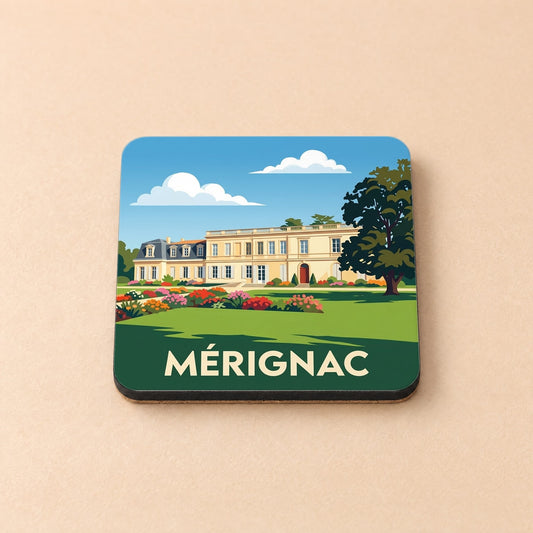 Dessous de verre souvenir de la ville de Mérignac avec une illustration stylisée d'un château et de son parc.