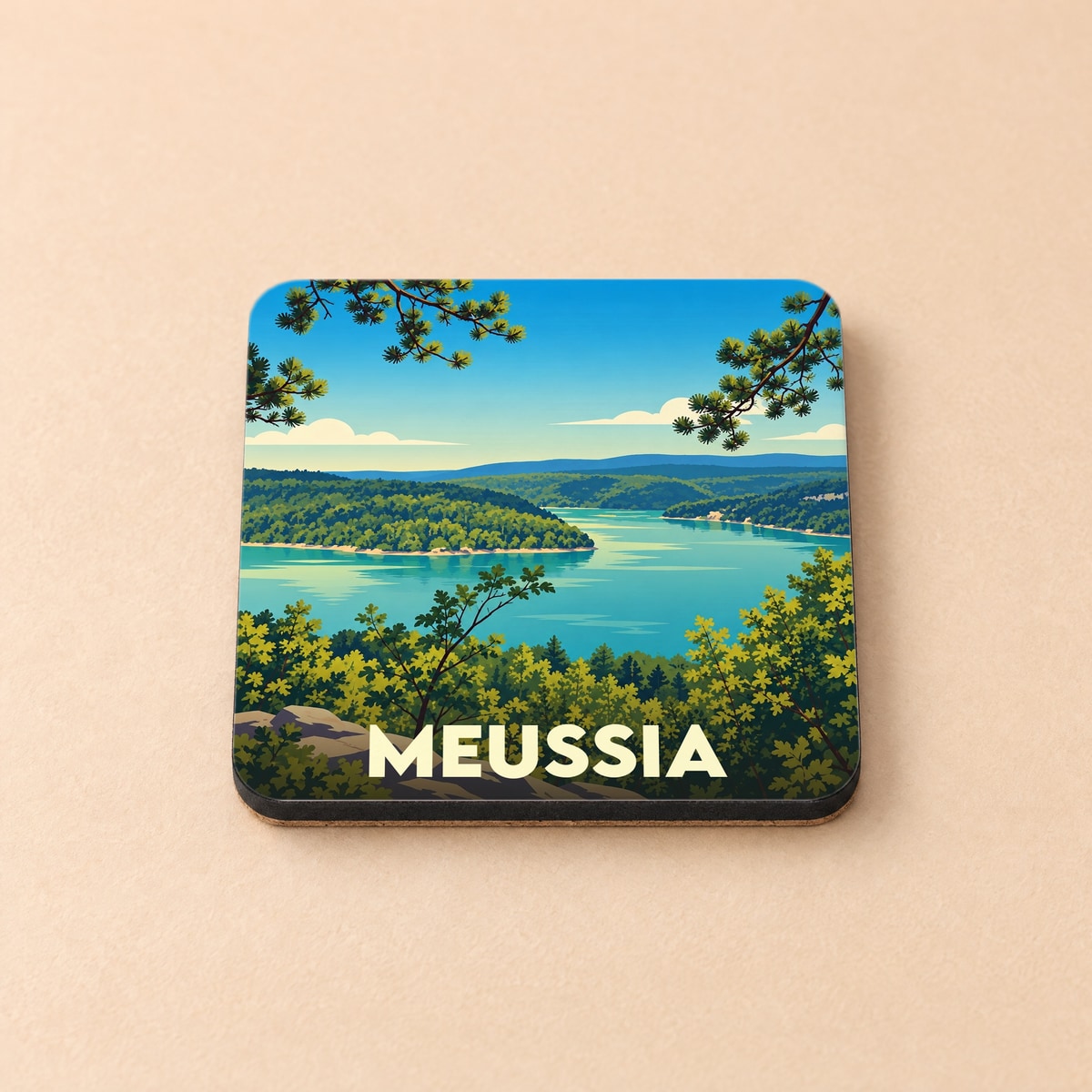 Dessous de verre souvenir de la ville de Meussia avec une illustration de paysage lacustre.
