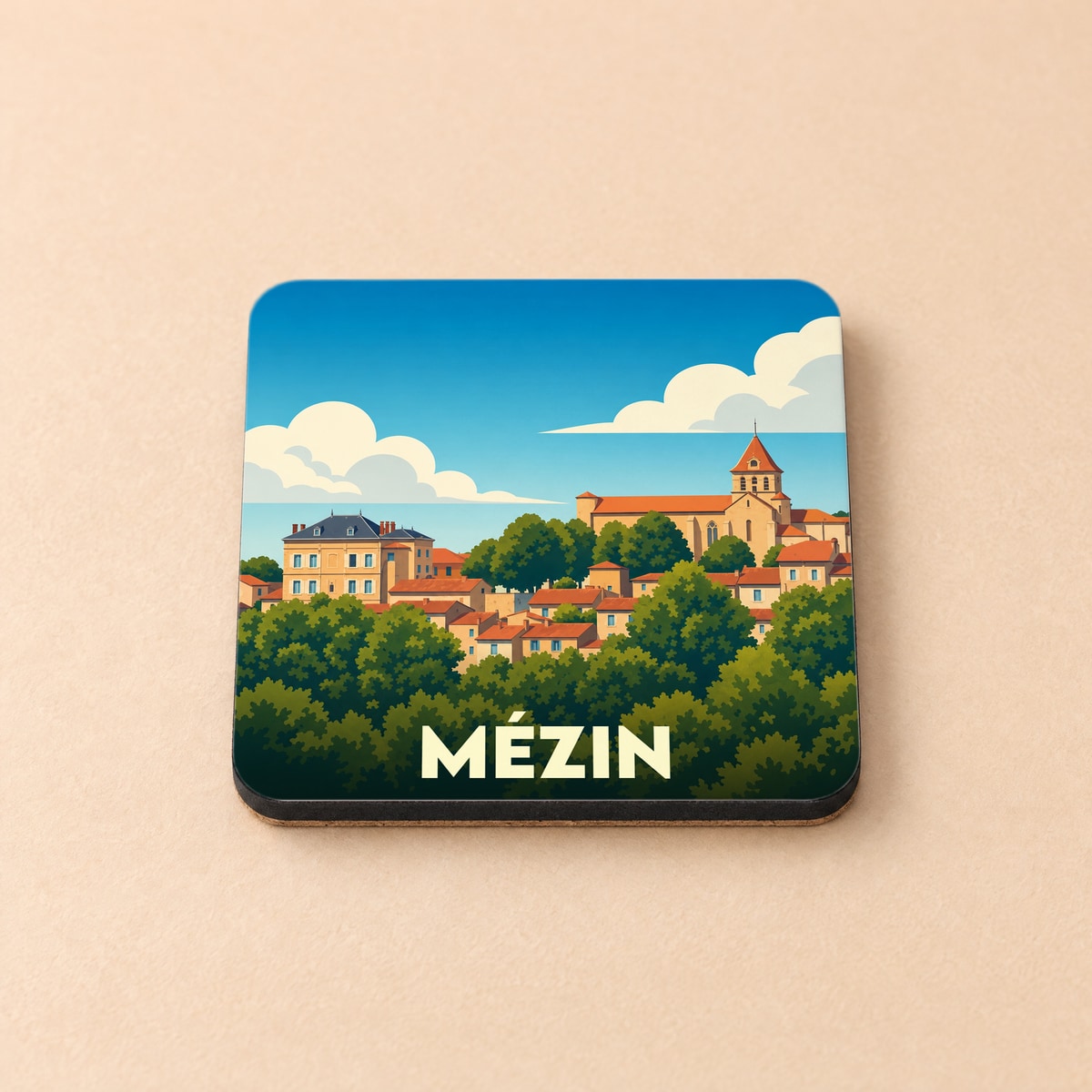Dessous de verre souvenir de la ville de Mézin avec une illustration stylisée.