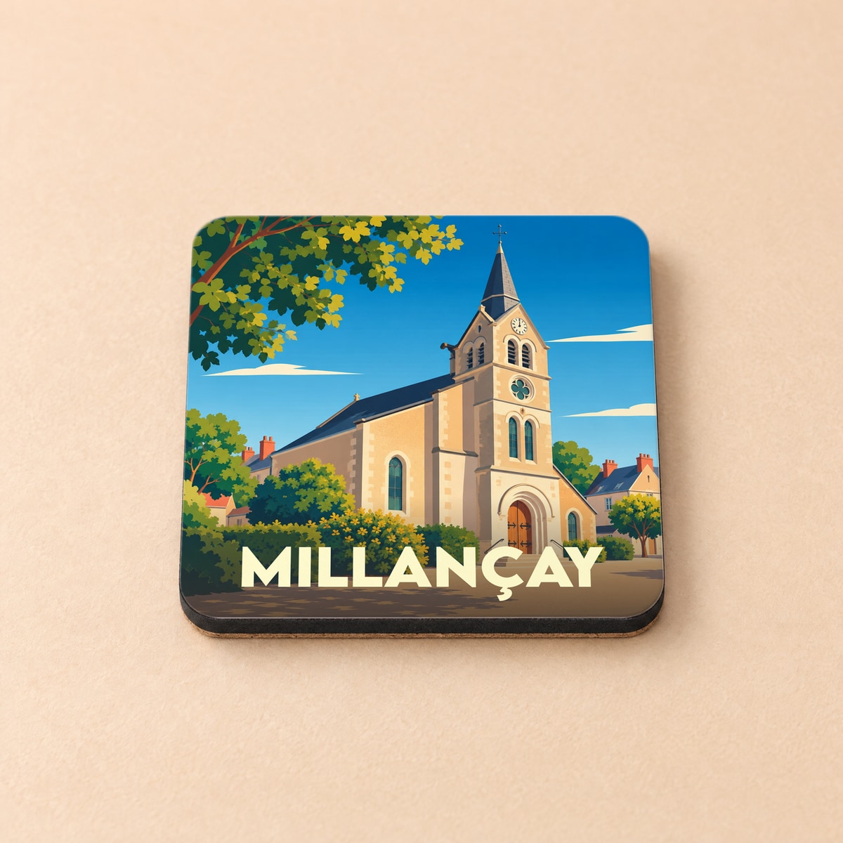 Dessous de verre souvenir de la ville de Millançay avec une illustration stylisée de son église.