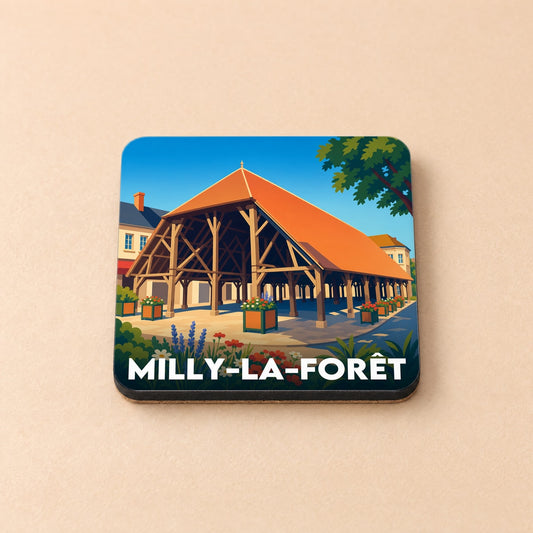 Dessous de verre souvenir de la ville de Milly-la-Forêt avec une illustration stylisée de sa halle médiévale.