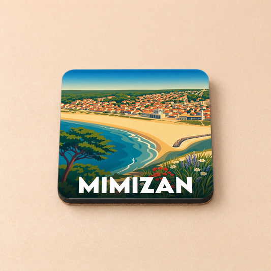 Dessous de verre souvenir de la ville de Mimizan avec une illustration stylisée du littoral.