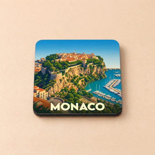 Dessous de verre souvenir de la ville de Monaco avec une illustration stylisée de son rocher et du port.