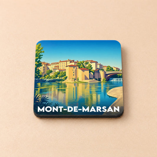 Dessous de verre souvenir de la ville de Mont-de-Marsan avec une illustration stylisée des quais de la Midouze.