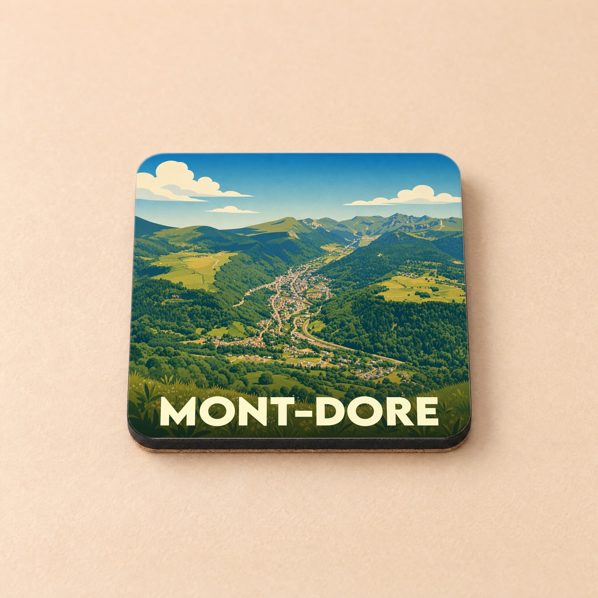 Dessous de verre souvenir de la ville de Mont-Dore avec une illustration stylisée de ses paysages montagneux.
