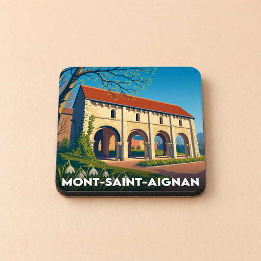 Dessous de verre souvenir de la ville de Mont-Saint-Aignan avec une illustration stylisée d'un monument historique.