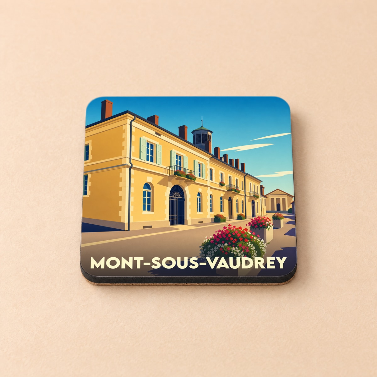 Dessous de verre souvenir de la ville de Mont-sous-Vaudrey avec une illustration stylisée.
