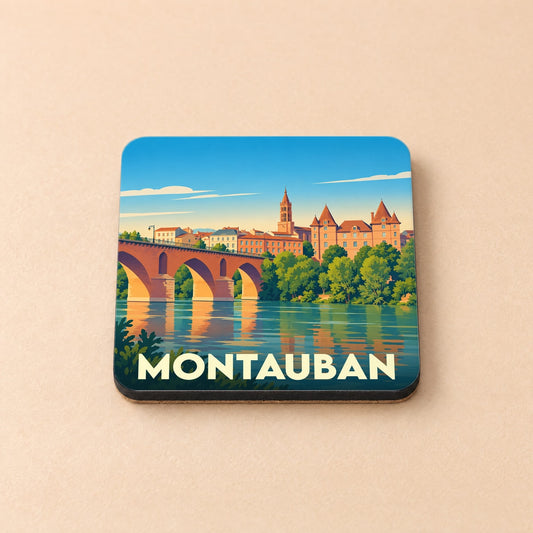 Dessous de verre souvenir de la ville de Montauban avec une illustration stylisée du Pont Vieux et du musée Ingourdelle.