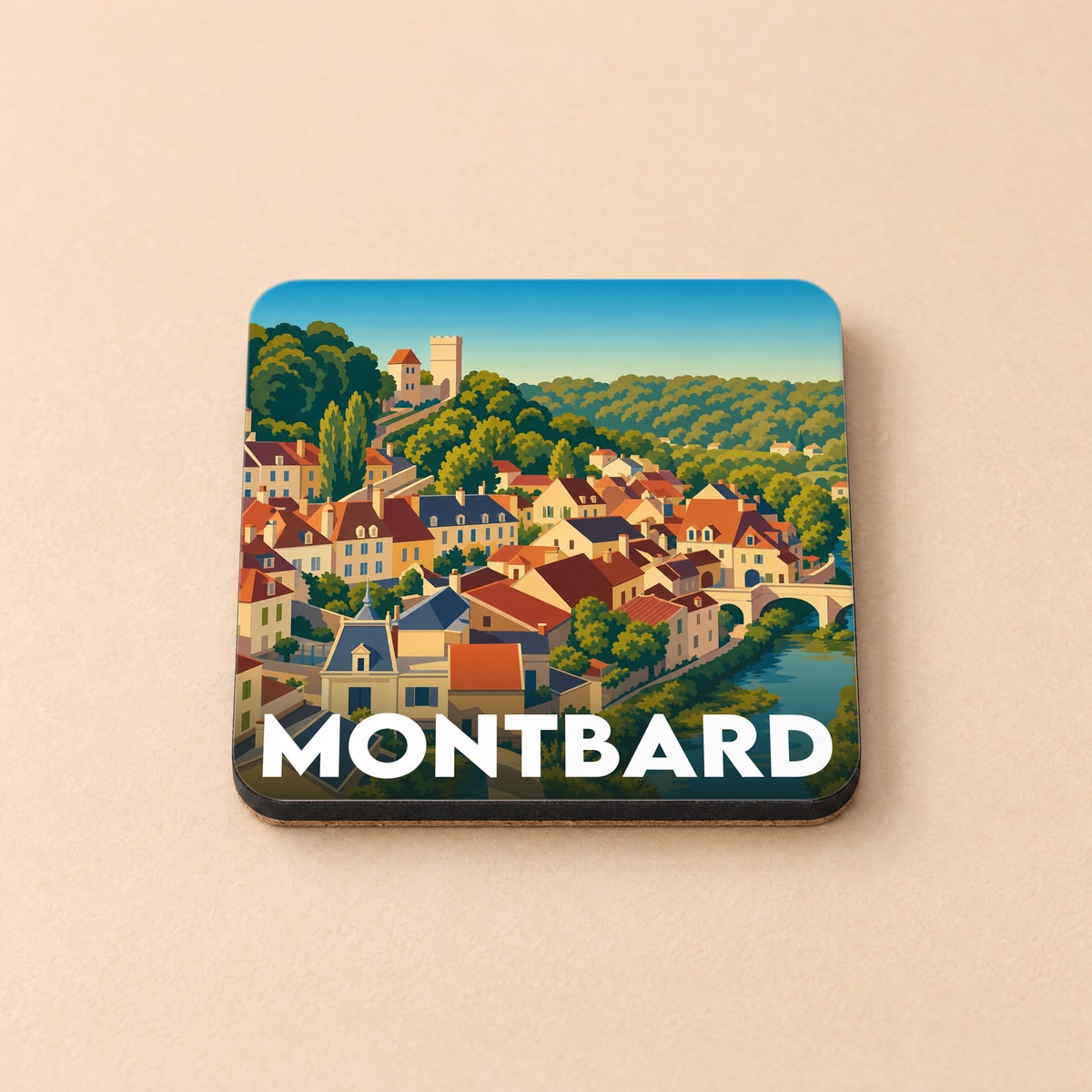 Dessous de verre souvenir de la ville de Montbard avec une illustration stylisée et colorée.