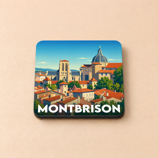 Dessous de verre souvenir de la ville de Montbrison avec une illustration stylisée.