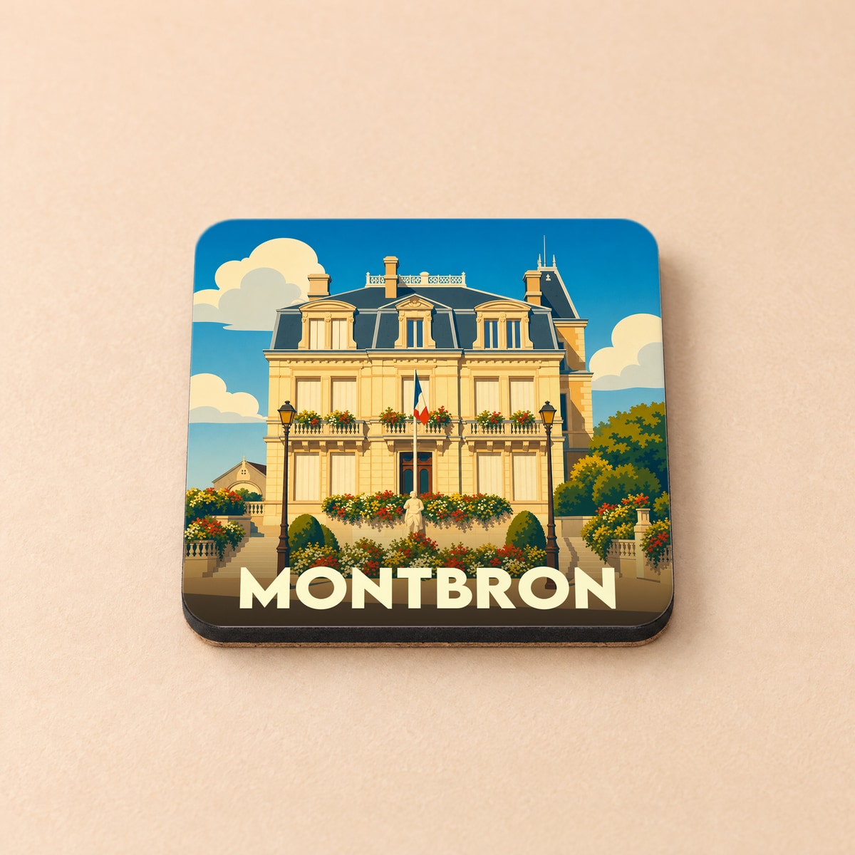Dessous de verre souvenir de la ville de Montbron avec une illustration stylisée d'un bâtiment de type mairie.