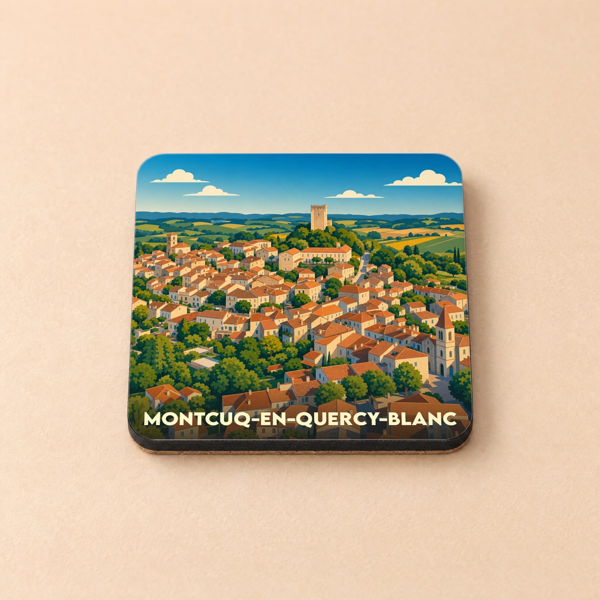 Dessous de verre souvenir de la ville de Montcuq-en-Quercy-Blanc avec une illustration stylisée.