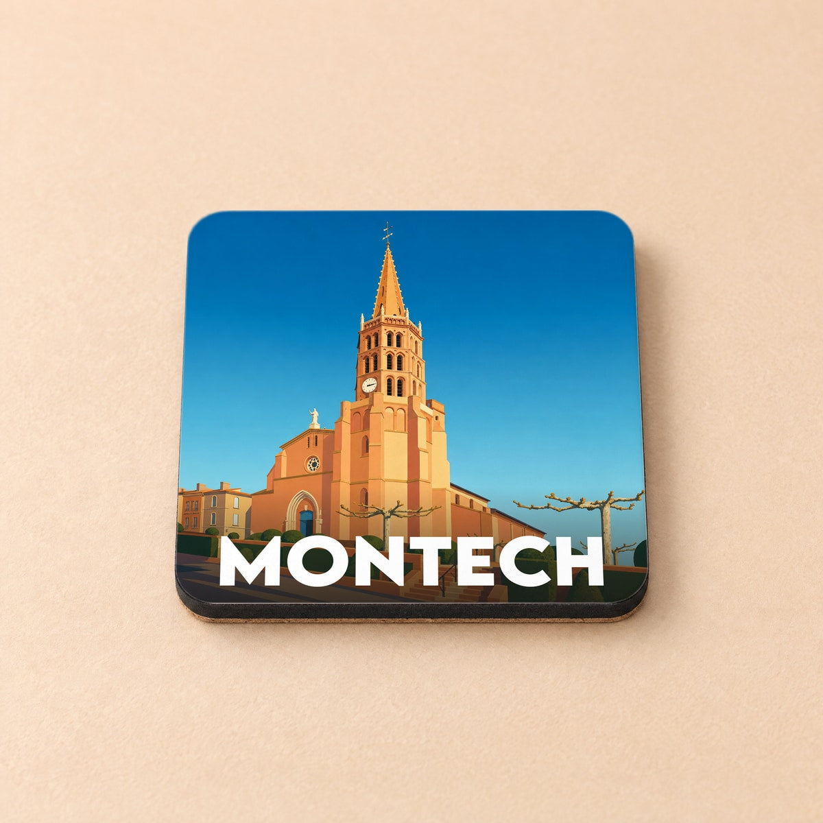 Dessous de verre souvenir de la ville de Montech avec une illustration stylisée de son église.