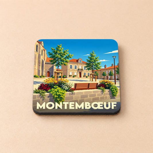Dessous de verre souvenir de la ville de Montembœuf avec une illustration colorée et stylisée de sa place centrale.