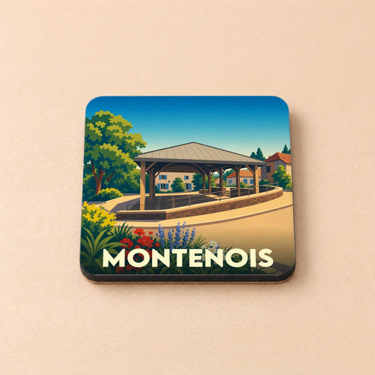 Dessous de verre souvenir de la ville de Montenois avec une illustration stylisée.