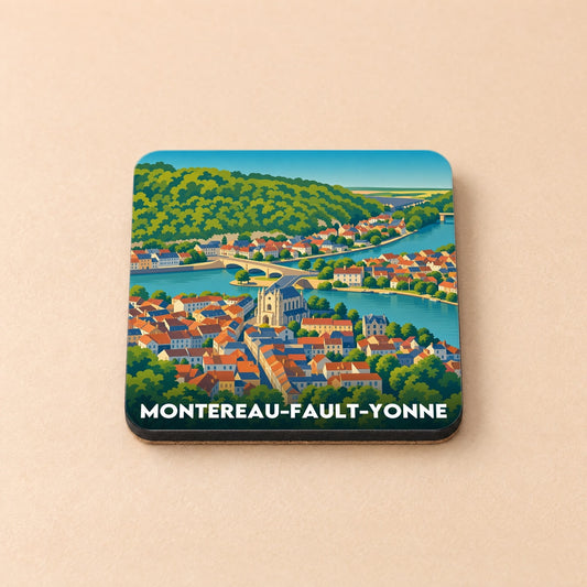 Dessous de verre souvenir de la ville de Montereau-Fault-Yonne avec une illustration stylisée et colorée.
