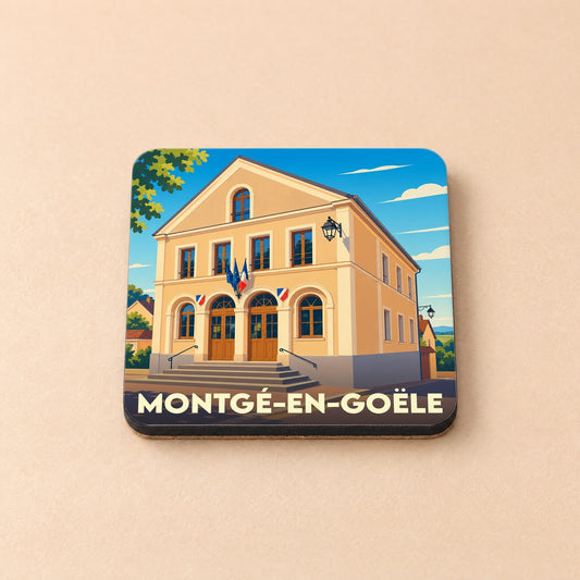 Dessous de verre souvenir de la ville de Montgé-en-Goële avec une illustration stylisée de sa mairie.
