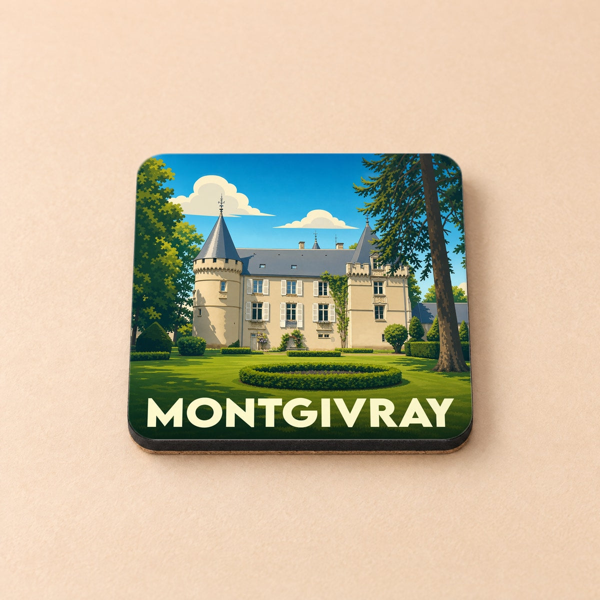 Dessous de verre souvenir de la ville de Montgivray avec une illustration stylisée de son château.