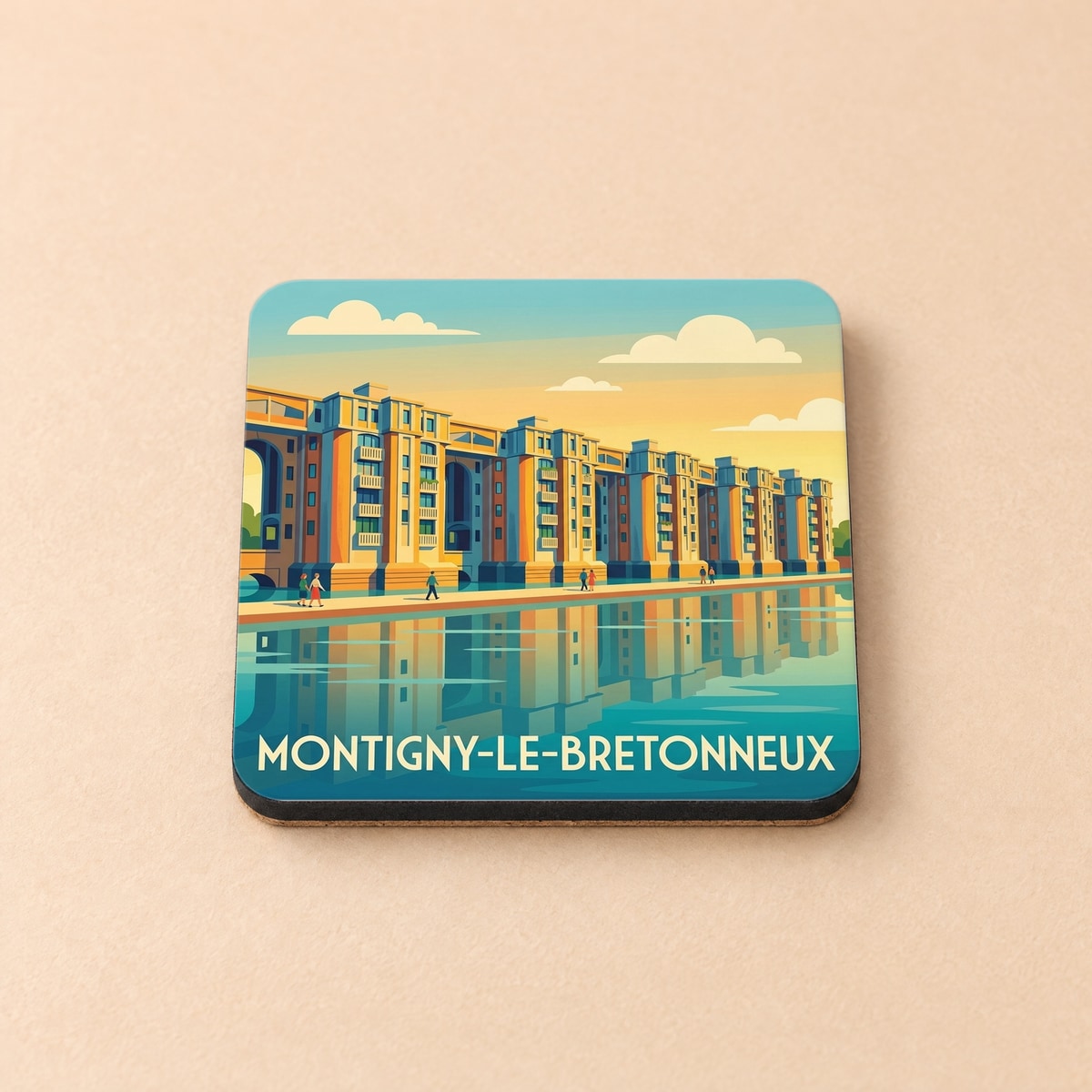 Dessous de verre souvenir de la ville de Montigny-le-Bretonneux avec une illustration stylisée de ses arcades.