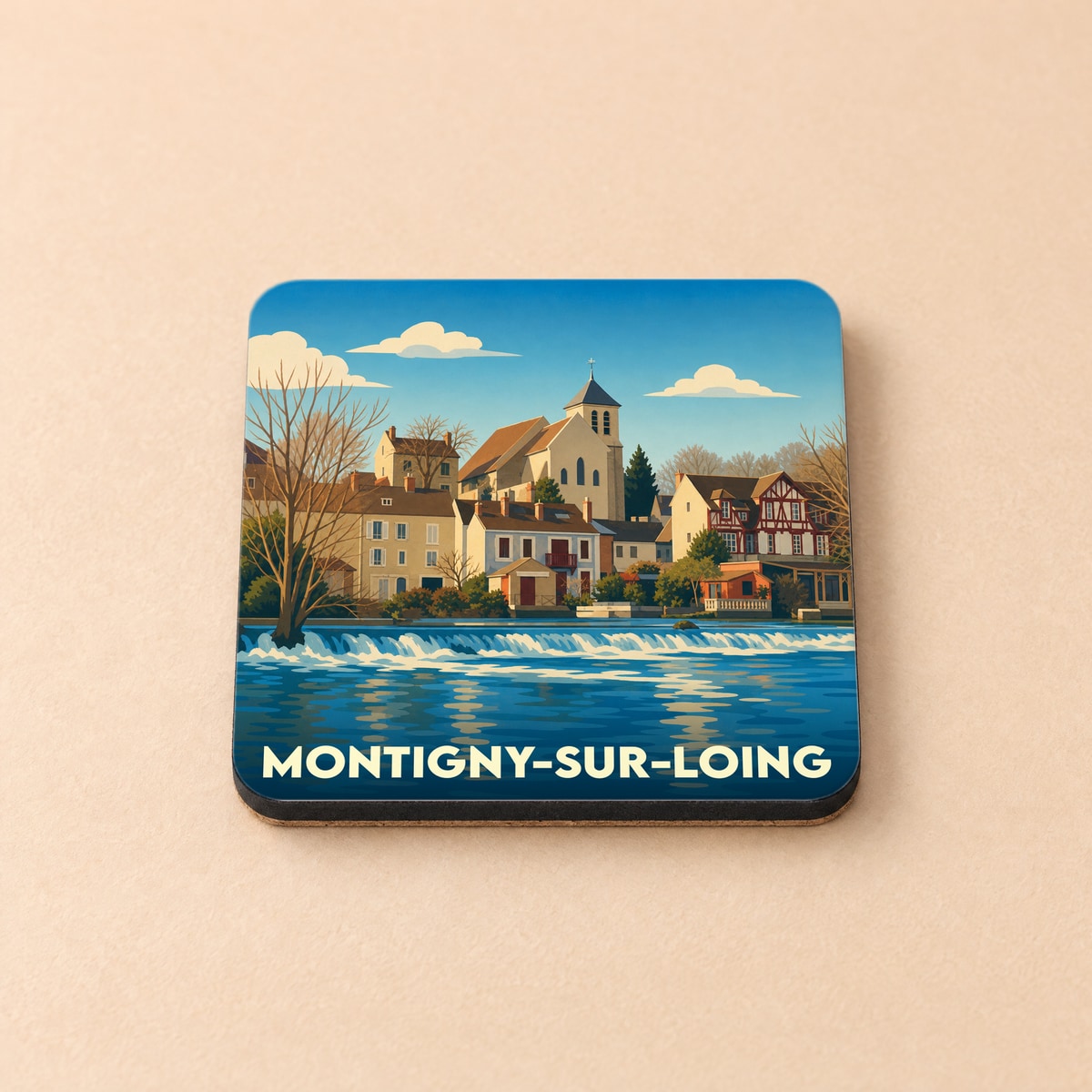 Dessous de verre souvenir de la ville de Montigny-sur-Loing avec une illustration stylisée des bords du Loing.