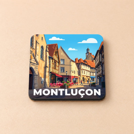 Dessous de verre souvenir de la ville de Montluçon avec une illustration stylisée de son centre historique.