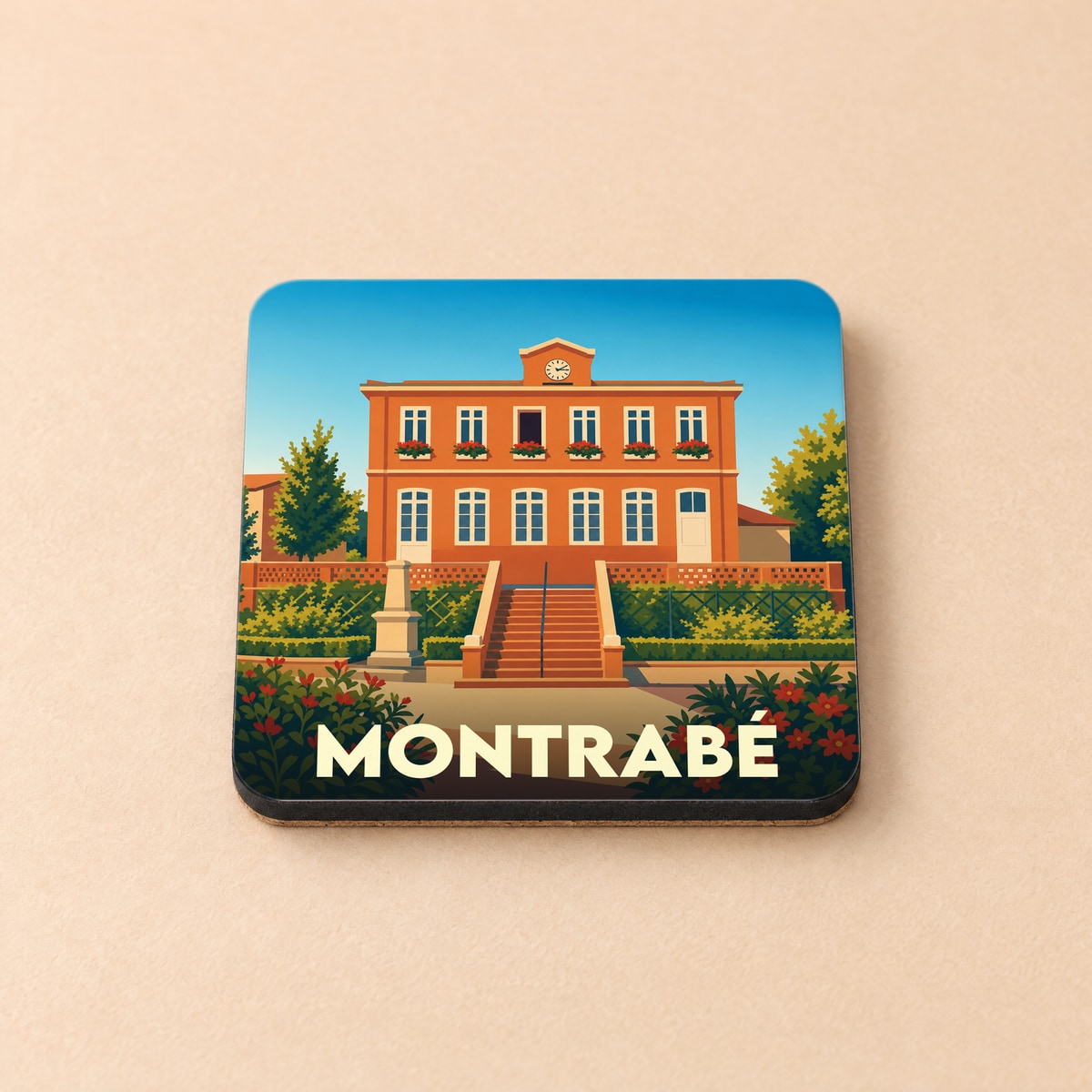 Dessous de verre souvenir de la ville de Montrabé avec une illustration stylisée de sa mairie.
