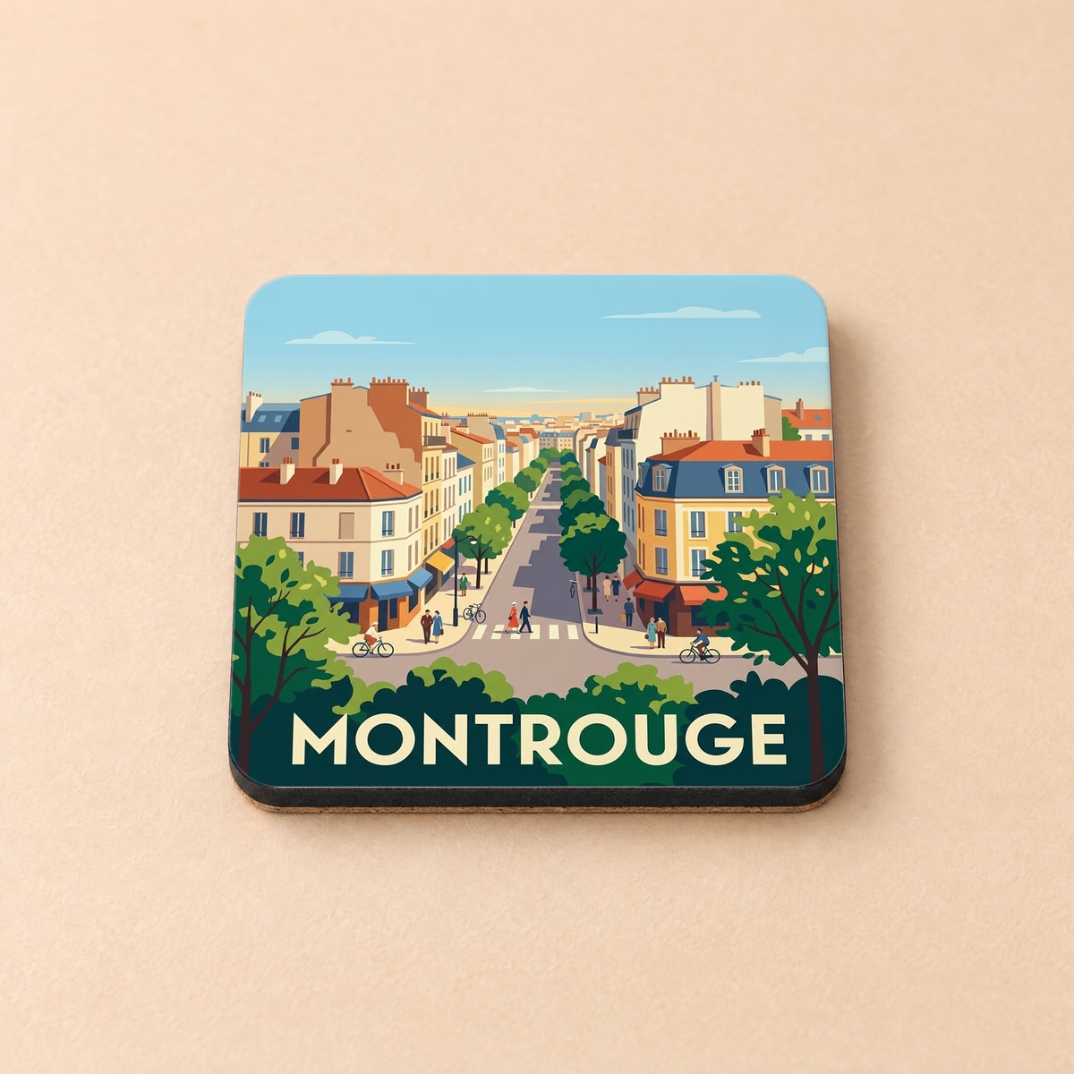 Dessous de verre souvenir de la ville de Montrouge avec une illustration stylisée.