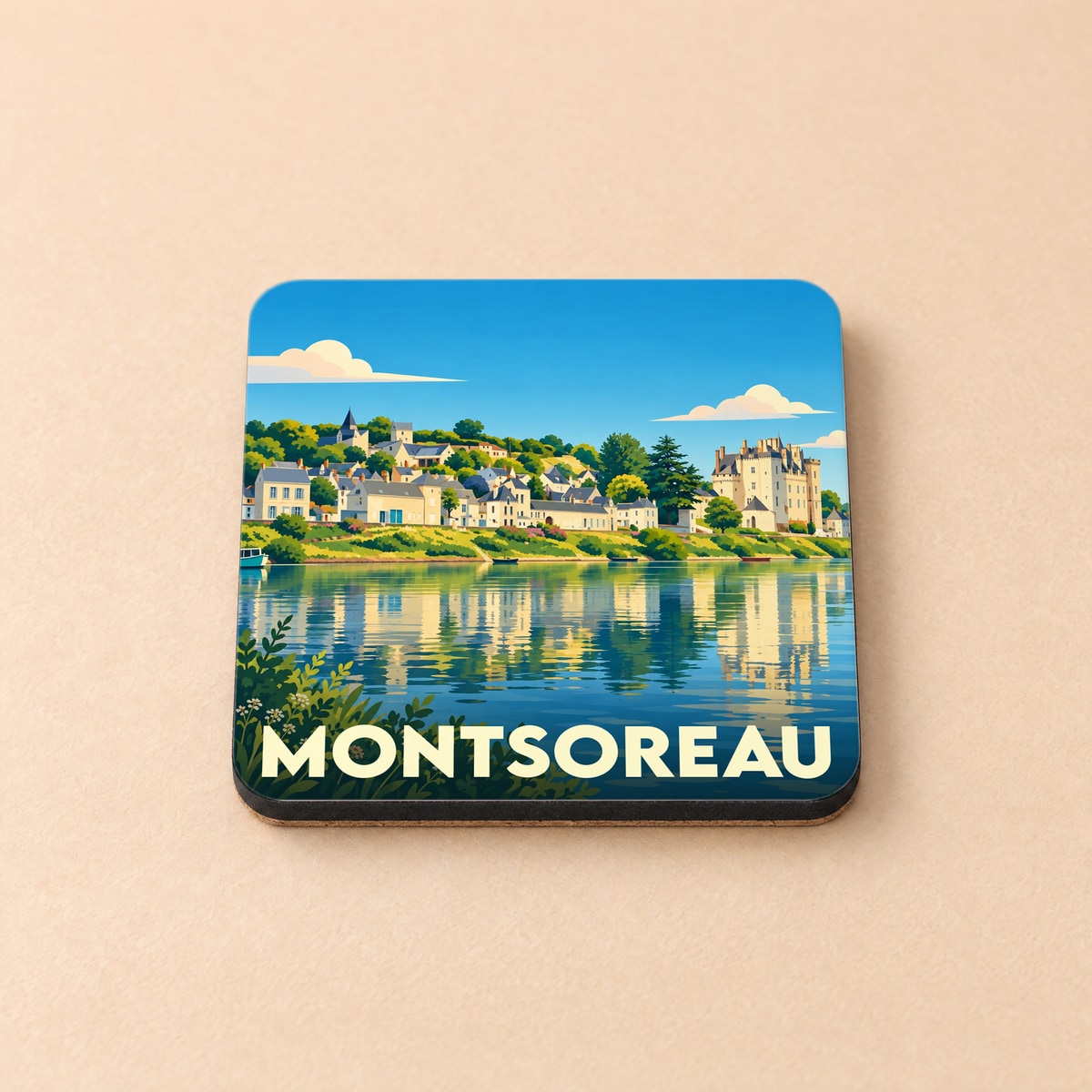 Dessous de verre souvenir de la ville de Montsoreau avec une illustration stylisée des bords de Loire et du château.