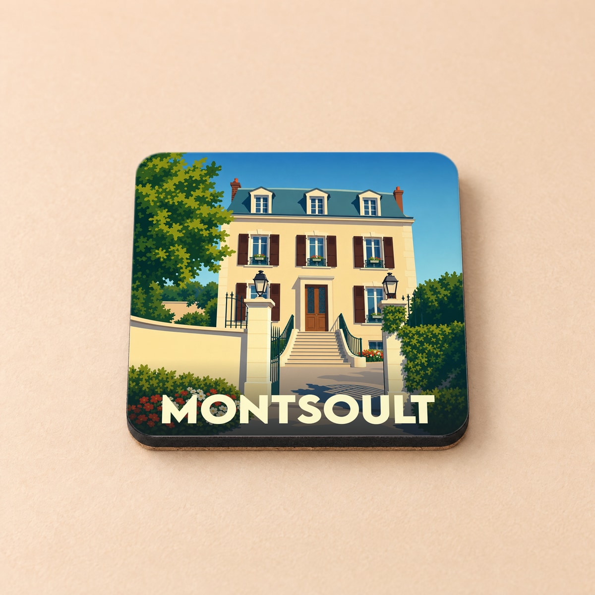 Dessous de verre souvenir de la ville de Montsoult avec une illustration stylisée d'une demeure bourgeoise.