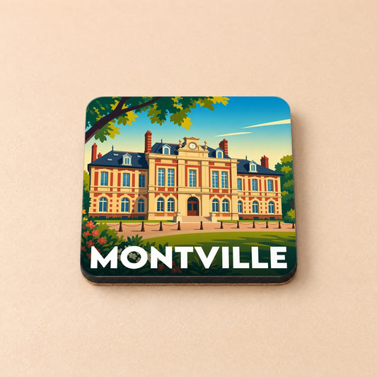 Dessous de verre souvenir de la ville de Montville avec une illustration stylisée d'une demeure bourgeoise.