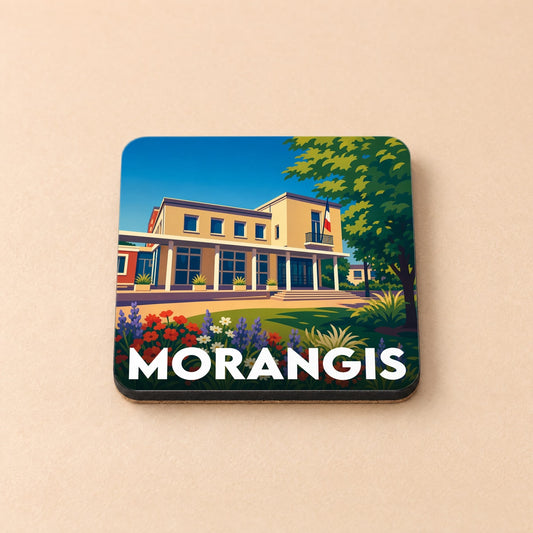 Dessous de verre souvenir de la ville de Morangis avec une illustration stylisée de sa mairie.