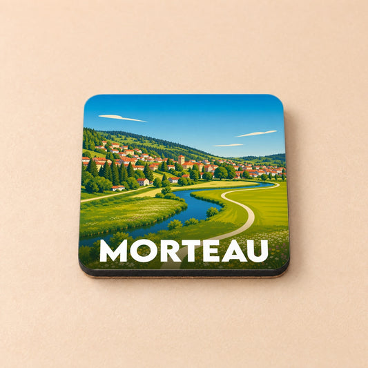 Dessous de verre souvenir de la ville de Morteau avec une illustration stylisée de son paysage.