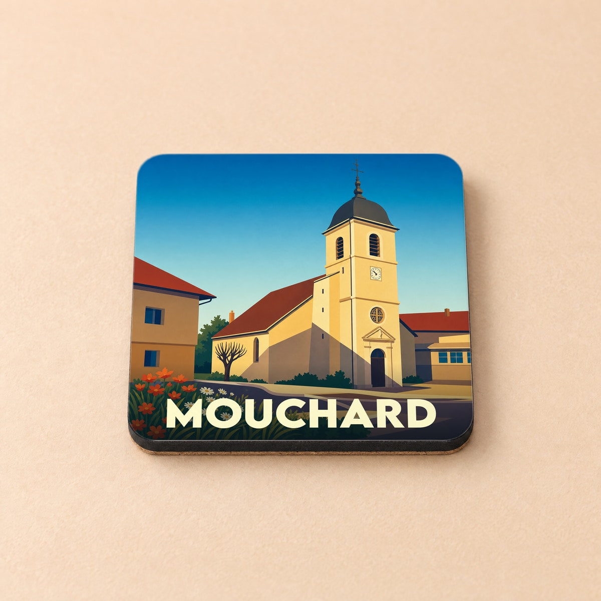 Dessous de verre souvenir de la ville de Mouchard avec une illustration stylisée de son église.