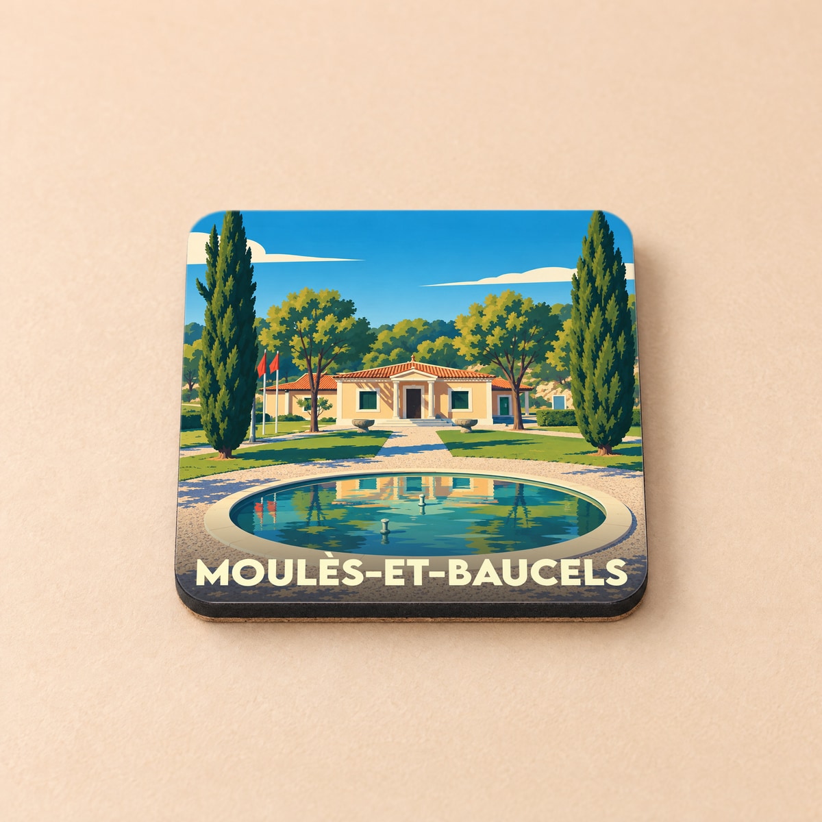 Dessous de verre souvenir de la ville de Moulès-et-Baucels avec une illustration stylisée d'une villa méditerranéenne et d'un bassin.