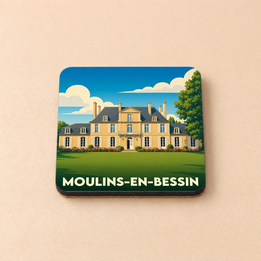 Dessous de verre souvenir de la ville de Moulins-en-Bessin avec une illustration stylisée de son château.