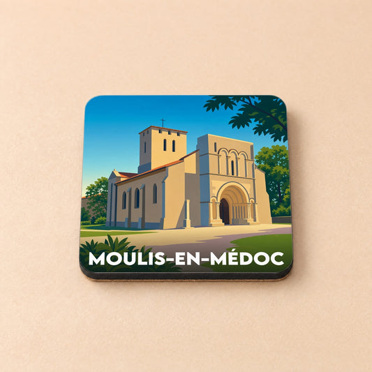 Dessous de verre souvenir de Moulis-en-Médoc avec une illustration stylisée de son église romane.