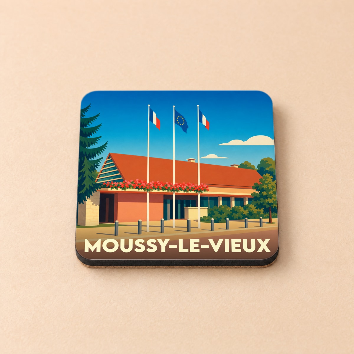 Dessous de verre souvenir de la ville de Moussy-le-Vieux avec une illustration stylisée de sa mairie.
