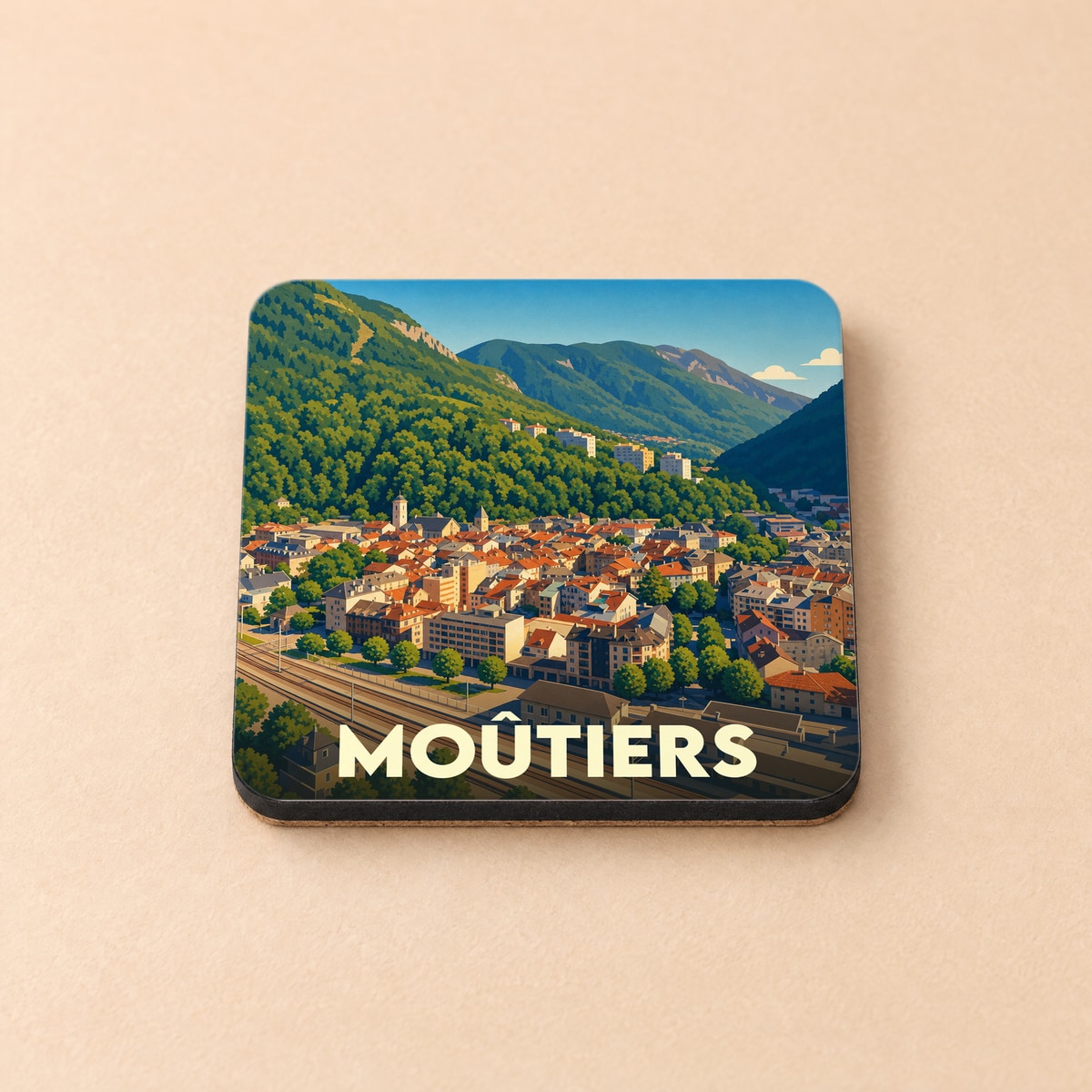 Dessous de verre souvenir de la ville de Moûtiers avec une illustration stylisée d'un paysage montagneux.