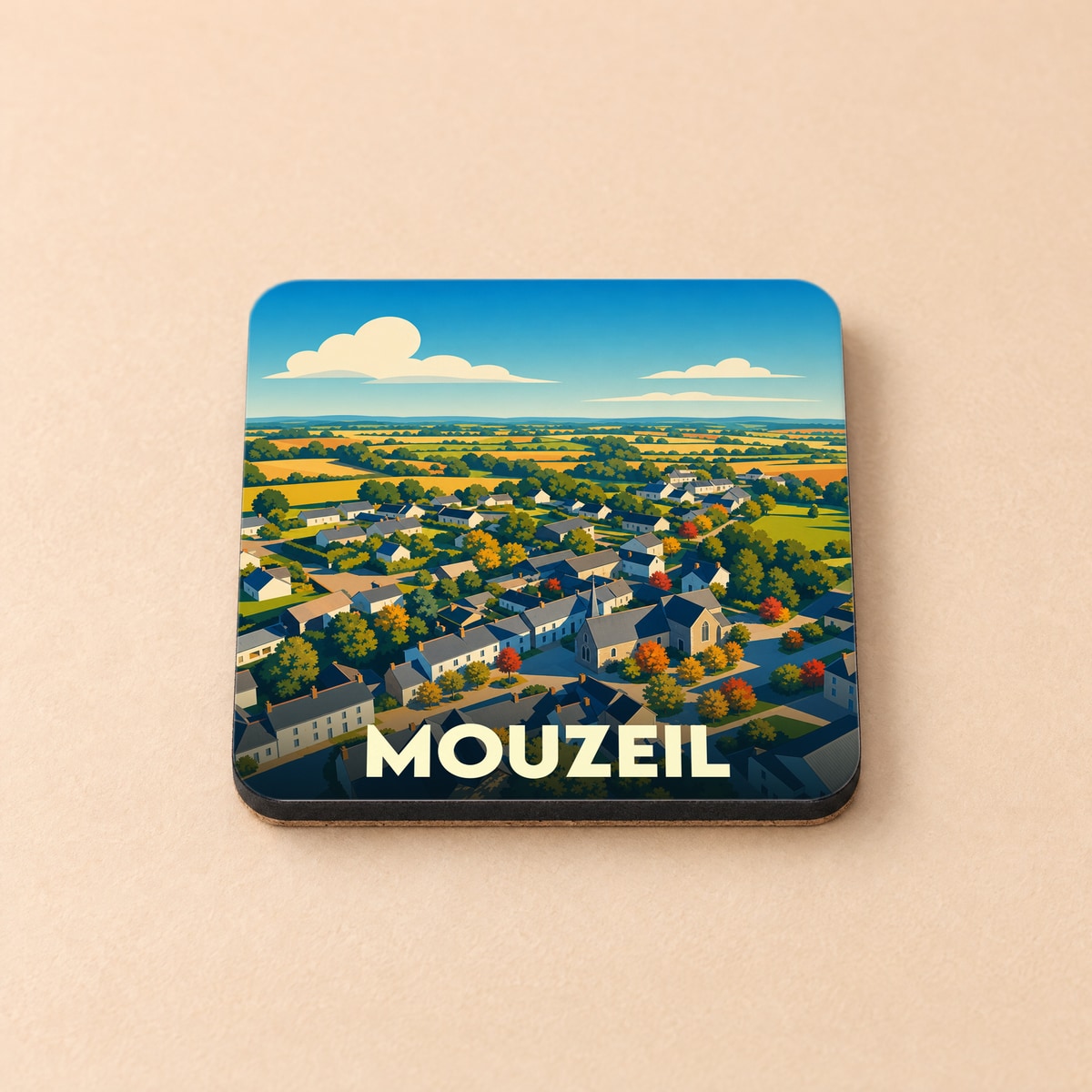 Dessous de verre souvenir de la ville de Mouzeil avec une illustration stylisée vue du ciel.