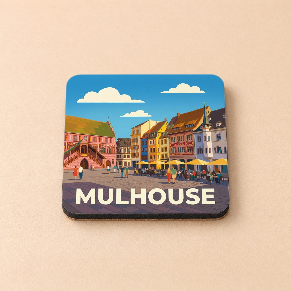 Dessous de verre souvenir de la ville de Mulhouse avec une illustration stylisée de la place de la Réunion.