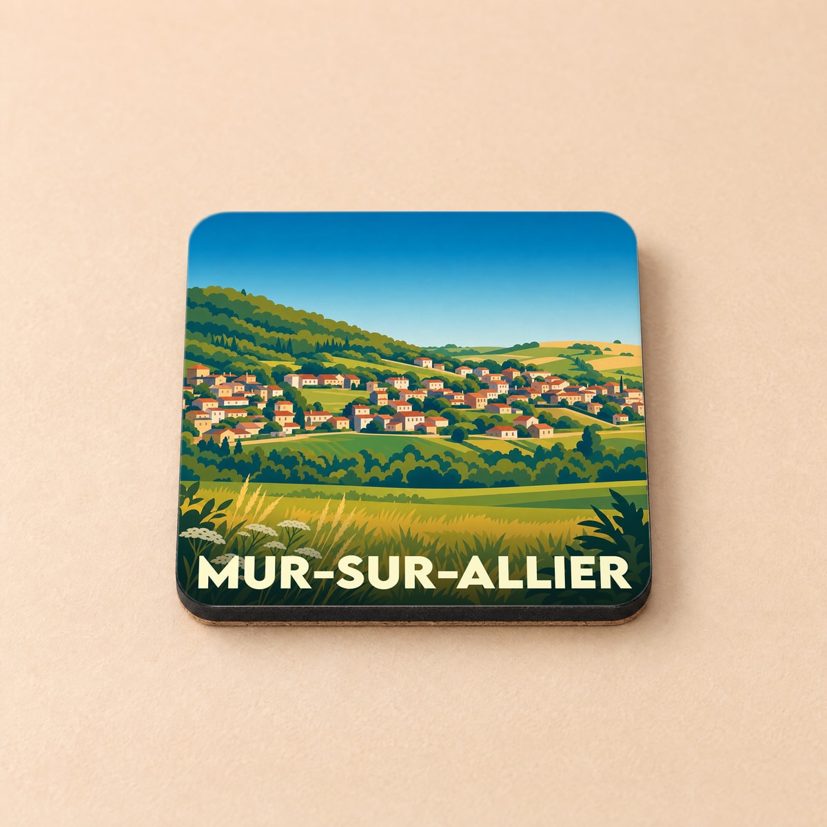 Dessous de verre souvenir de la ville de Mur-sur-Allier avec une illustration stylisée d'un paysage vallonné.
