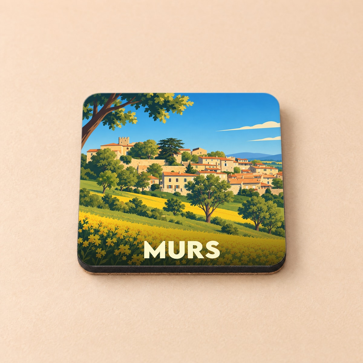 Dessous de verre souvenir de la ville de Murs avec une illustration stylisée d'un village provençal.