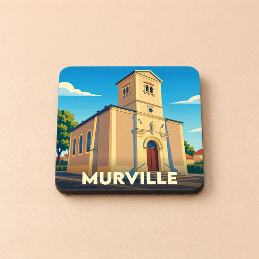 Dessous de verre souvenir de la ville de Murville avec une illustration stylisée d'un bâtiment historique.