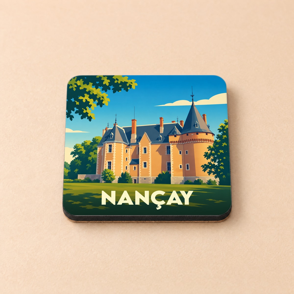 Dessous de verre souvenir de la ville de Nançay avec une illustration stylisée d'un château.