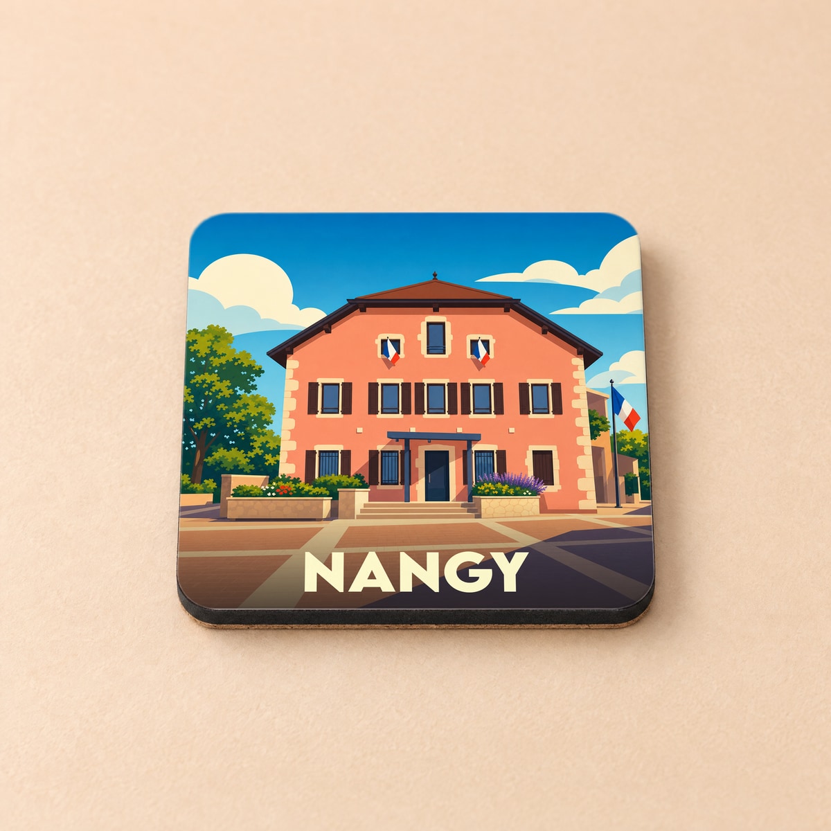 Dessous de verre souvenir de la ville de Nangy avec une illustration stylisée d'un bâtiment municipal français.