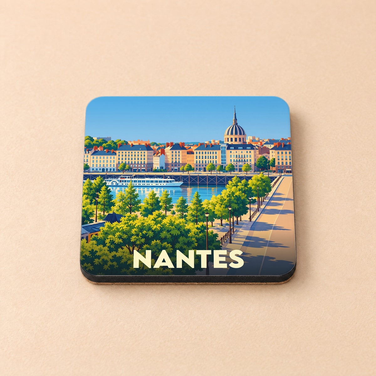 Dessous de verre souvenir de la ville de Nantes avec une illustration stylisée et colorée de ses quais.