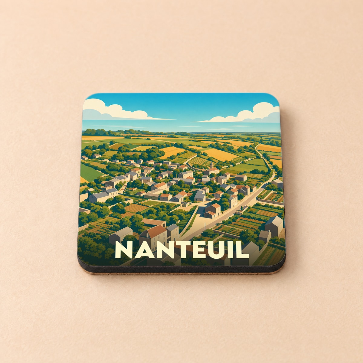 Dessous de verre souvenir de la ville de Nanteuil avec une illustration stylisée de son paysage rural.
