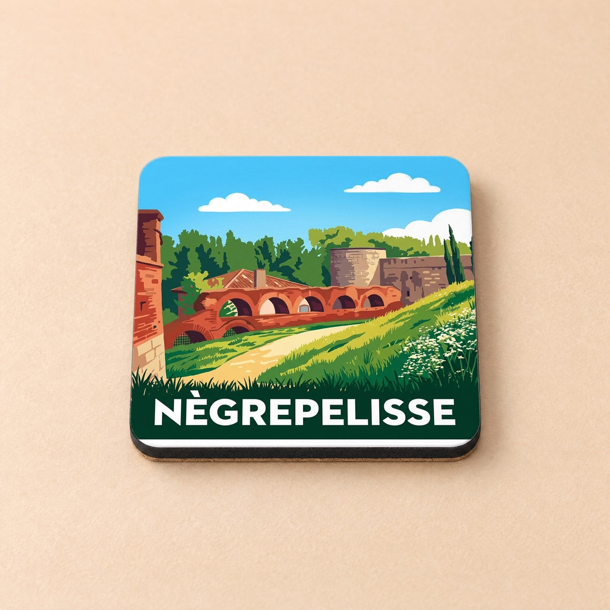 Dessous de verre souvenir de la ville de Nègrepelisse avec une illustration stylisée de son patrimoine architectural.
